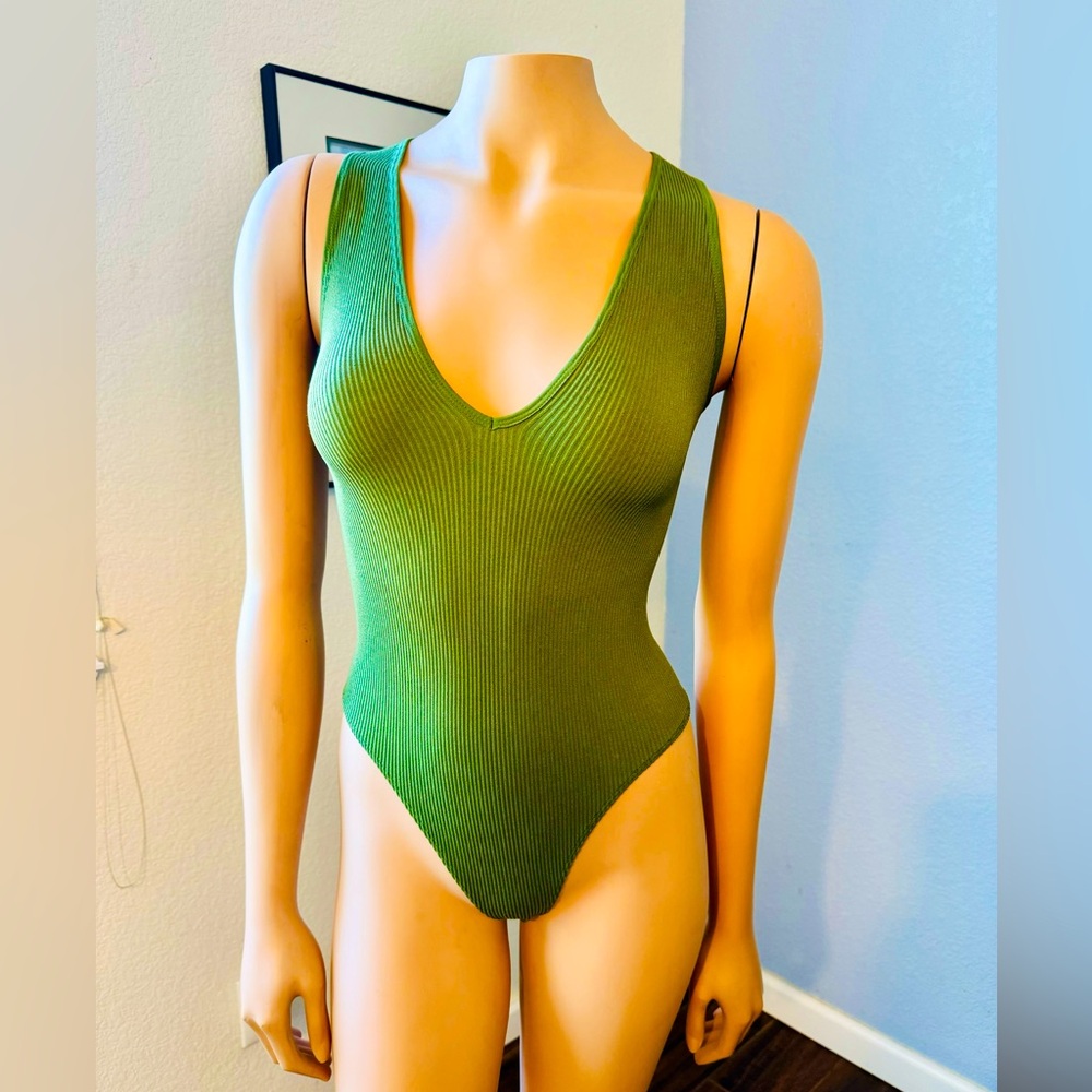 Urban Outfitters Out From Under Olive Green Ribbed Tank Bodysuit, Deep V Front